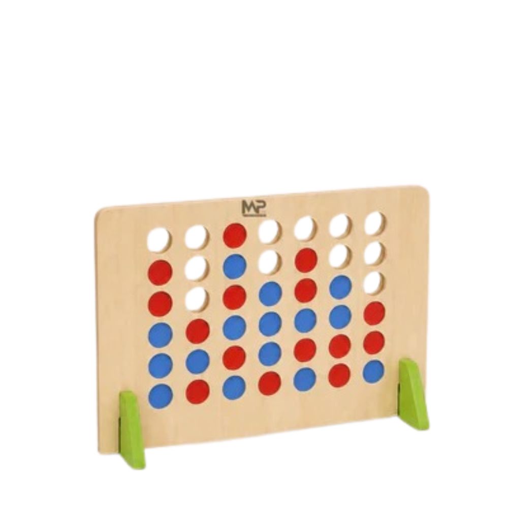 משחק 4 בשורה מעץ לילדים עם דיסקיות אדומות וכחולות